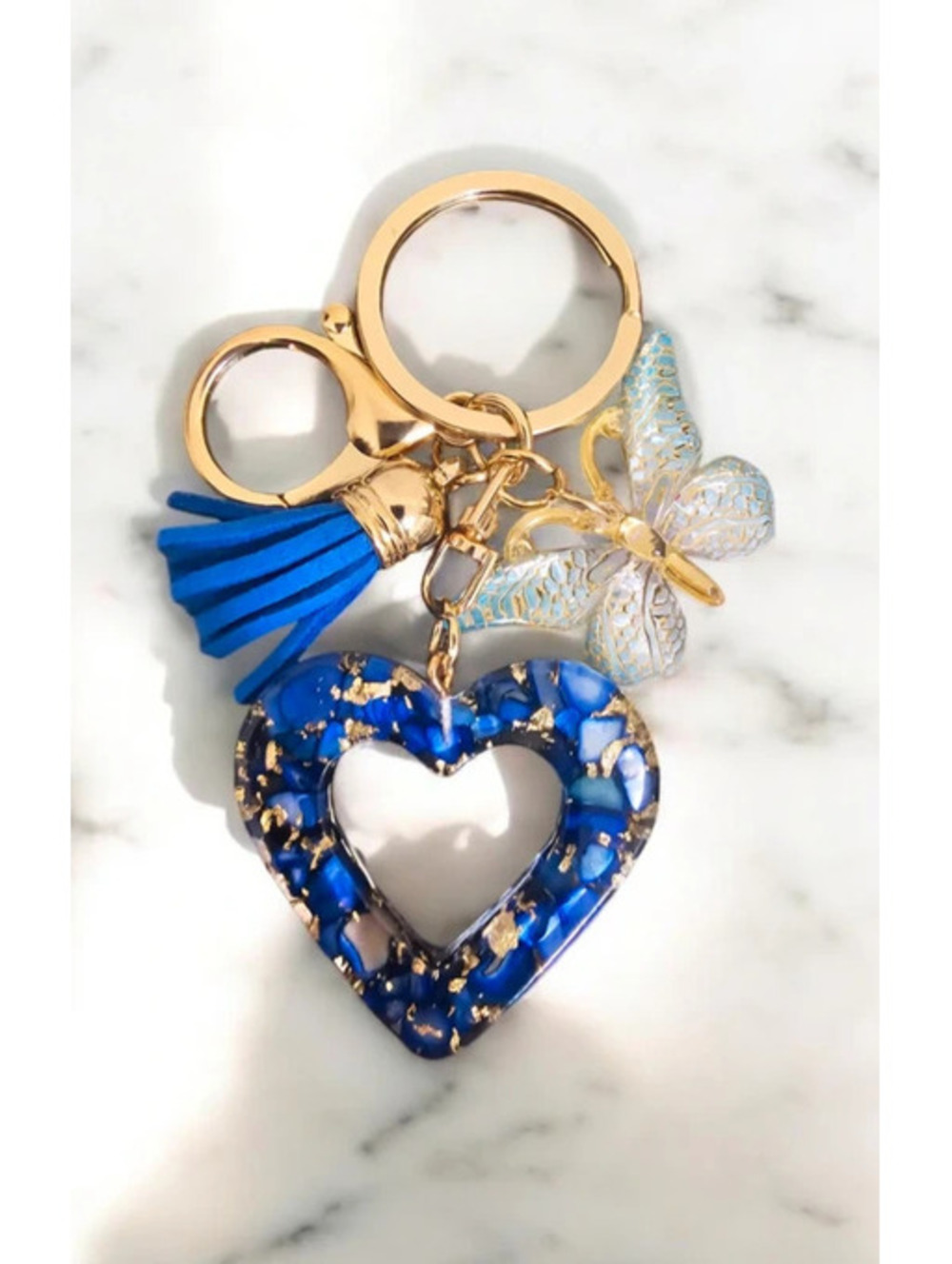 Blue & Gold Heart Butterfly Keychain